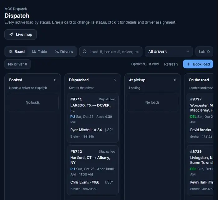 MGS One dispatch board with loads by status
